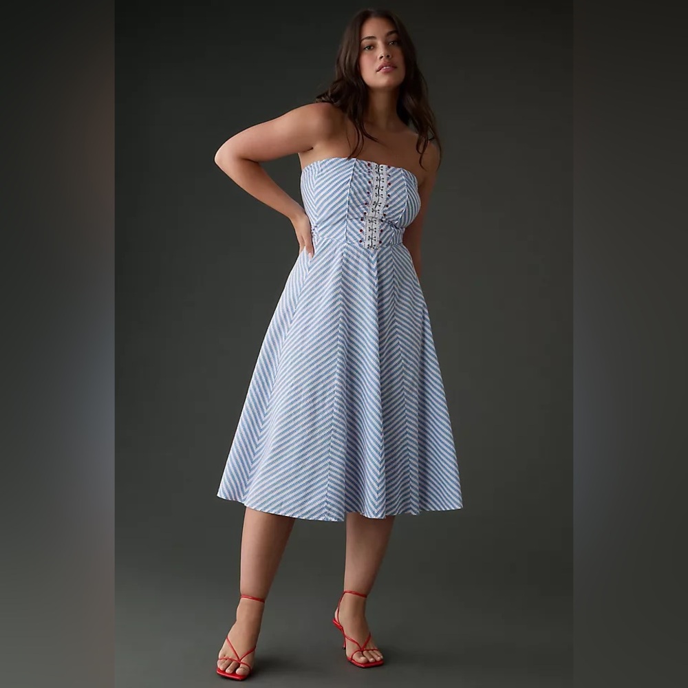 Anthropologie Strapless Dress in Blue and White